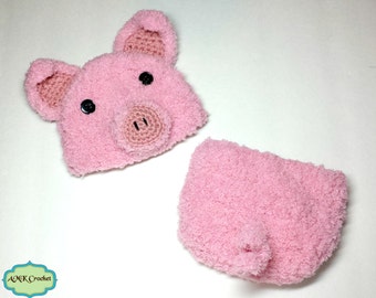 Instant Download Crochet Newborn Baby Piglet Hat and Diaper Cover Outfit Pattern, Baby Boy or Baby Girl Piggy Photo Prop, Baby Pig Outfit