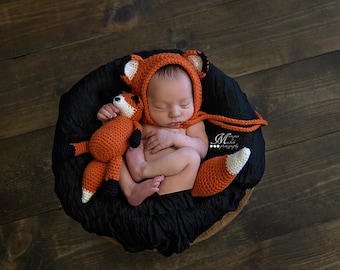 Crochet Pattern - Newborn Hat and Unattached Tail with Matching Amigurumi Fox Plush, Crochet Newborn Fox Photo Prop, Newborn Bonnet Fox Hat