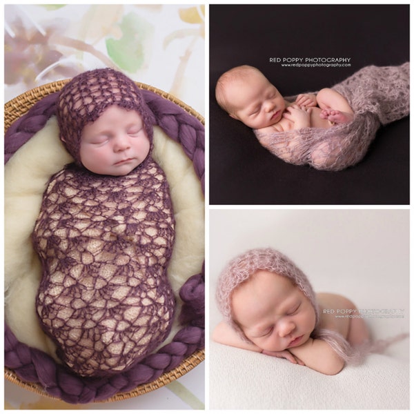 Pattern- Crochet Newborn Baby Dainty Lace Bonnet Hat and Photography Wrap, Crochet Newborn Baby Mohair Silk Blend Photography Set Pattern