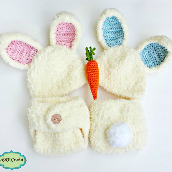 PDF Crochet Pattern - Newborn Fuzzy Bunny Hat and Diaper Cover Outfit with Amigurumi Carrot, Easter Baby Girl and Baby Boy Bunny Twin Outfit