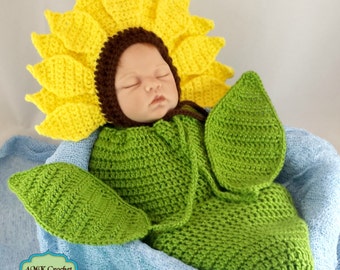Pattern- Crochet Newborn Sunflower Bonnet Hat with Cocoon Photo Prop Pattern, Newborn Photography Sunflower Outfit Crochet Pattern