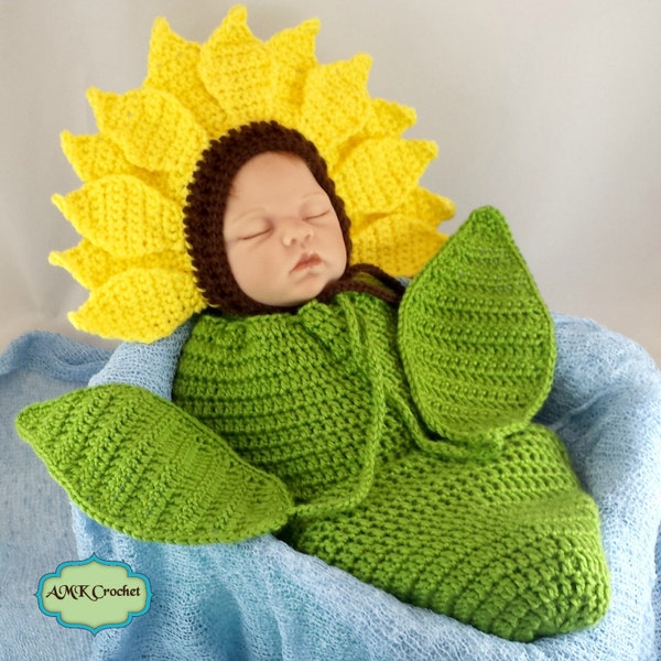 Pattern- Crochet Newborn Sunflower Bonnet Hat with Cocoon Photo Prop Pattern, Newborn Photography Sunflower Outfit Crochet Pattern