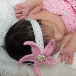 Pattern Crochet Newborn Mermaid Outfit with Starfish Headband, Crochet Newborn Baby Pink Mermaid Set with Pearls image 2