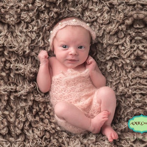 Pattern Crochet Newborn Baby Girl Mohair Lace Shells and Pearls Romper with Tie Back Headband Photo Prop, Newborn Photography Outfit image 1