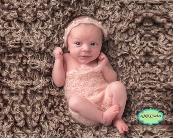 Pattern- Crochet Newborn Baby Girl Mohair Lace Shells and Pearls Romper with Tie Back Headband Photo Prop, Newborn Photography Outfit