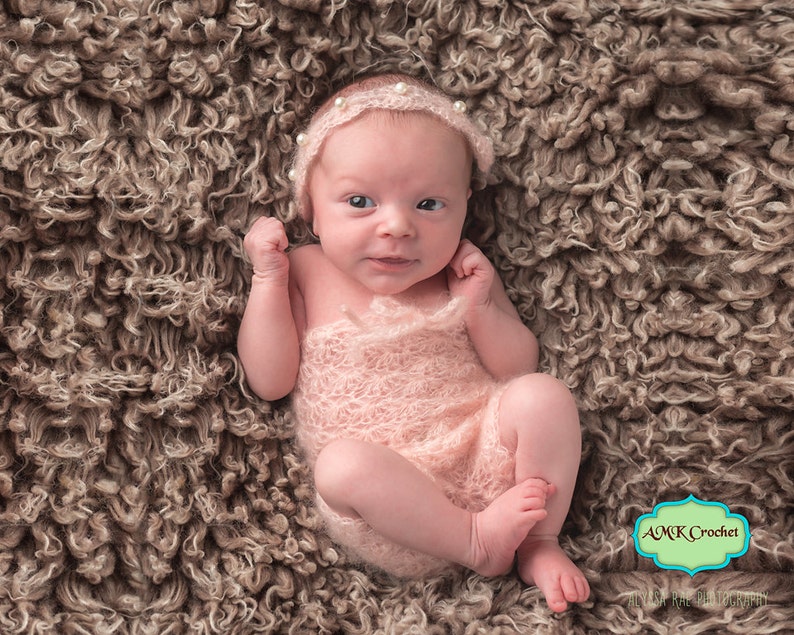 Pattern Crochet Newborn Baby Girl Mohair Lace Shells and Pearls Romper with Tie Back Headband Photo Prop, Newborn Photography Outfit image 1