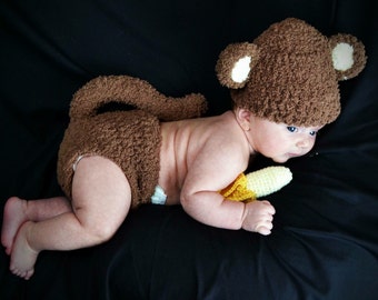 Téléchargement instantané Crochet nouveau-né singe flou chapeau et couvre-couche ensemble avec Amigurumi banane, bébé fille ou bébé garçon singe tenue motif