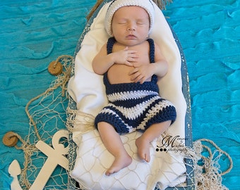 Instant PDF Pattern - Crochet Newborn Sailor Hat, Shorts, and Suspenders, Newborn Sailor Outfit, Baby Sailor Costume PDF Crochet Pattern