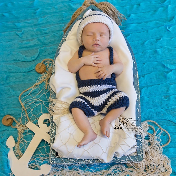 Instant PDF Pattern - Crochet Newborn Sailor Hat, Shorts, and Suspenders, Newborn Sailor Outfit, Baby Sailor Costume PDF Crochet Pattern