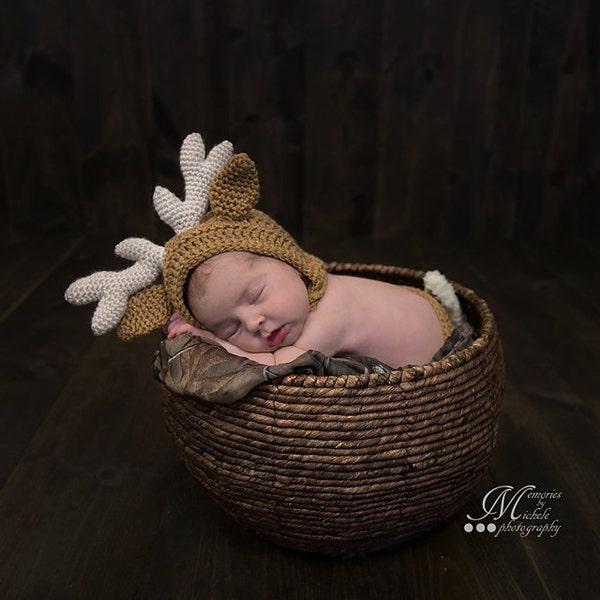 Pattern- Crochet Newborn Deer Hat and Diaper Cover Set, Crochet Newborn Reindeer or Deer Photo Prop, Babies First Christmas Crochet Pattern