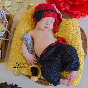 Instant Download Crochet Newborn Pirate Hat, Eye Patch, Pants, and Sword Pattern, Newborn Pirate Outfit, Baby Pirate Costume PDF Pattern image 1