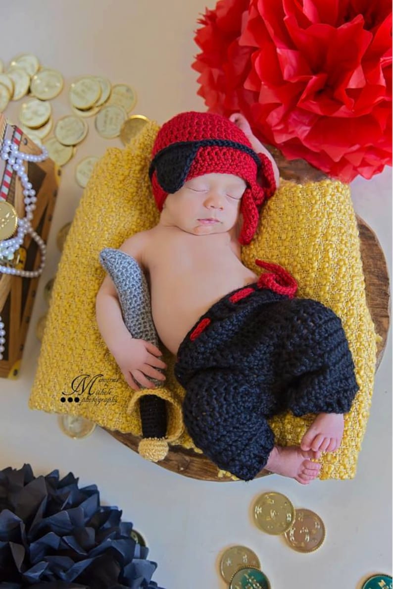 Instant Download Crochet Newborn Pirate Hat, Eye Patch, Pants, and Sword Pattern, Newborn Pirate Outfit, Baby Pirate Costume PDF Pattern image 1