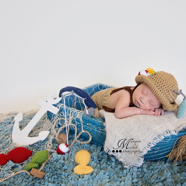 CROCHET PATTERN Crochet Newborn Fisherman Hat and Suspenders with Fishing Pole and Amigurumi Fish, Baby Photo Prop Outfit, Halloween Costume
