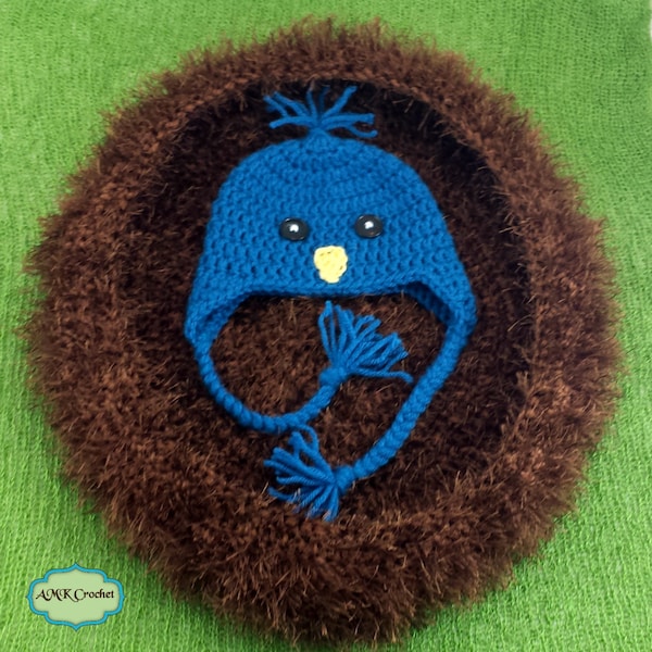 Pattern- Crochet Newborn Blue Bird Hat with Nest Photo Prop Pattern, Baby Boy Bird Hat with Ear Flaps in Bird Nest Bowl