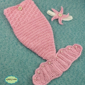Pattern Crochet Newborn Mermaid Outfit with Starfish Headband, Crochet Newborn Baby Pink Mermaid Set with Pearls image 4