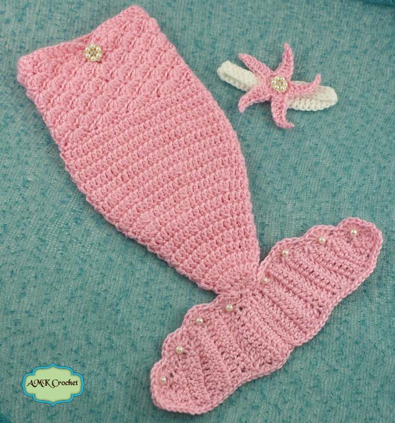 Pattern Crochet Newborn Mermaid Outfit with Starfish Headband, Crochet Newborn Baby Pink Mermaid Set with Pearls image 4