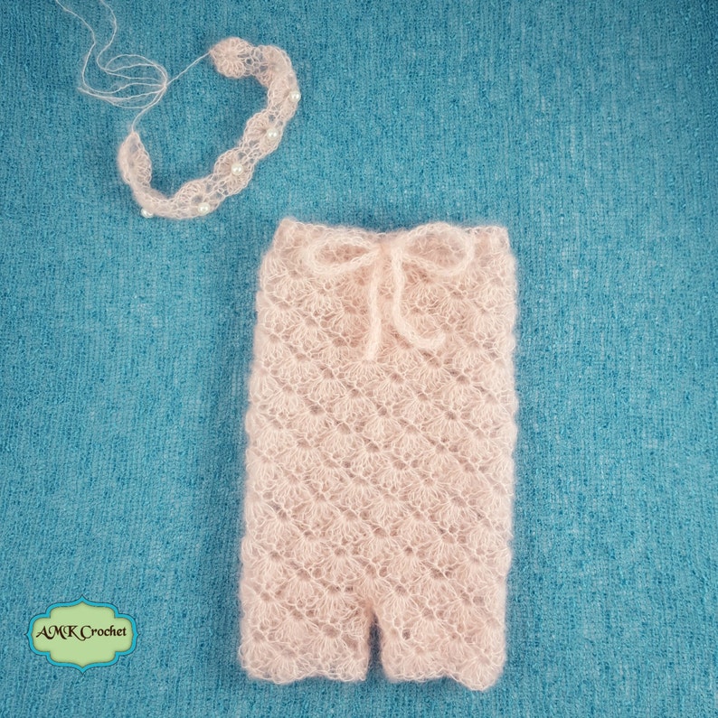 Pattern Crochet Newborn Baby Girl Mohair Lace Shells and Pearls Romper with Tie Back Headband Photo Prop, Newborn Photography Outfit image 2