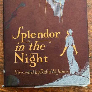 May include: A book cover with a dark brown background and a light blue sky with gold rays of light. The title "Splendor in the Night" is written in gold lettering. The book cover also features a woman in a light blue dress standing on a mountaintop.