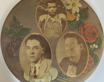 Large celluloid photo button. Memorial Photographs. Mourning