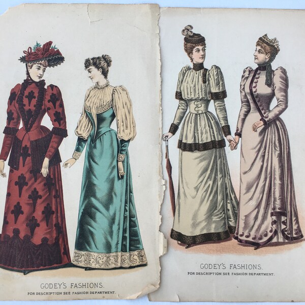 Dos placas de moda victoriana. Impresiones. Modas de Godey. Moda victoriana de las mujeres.