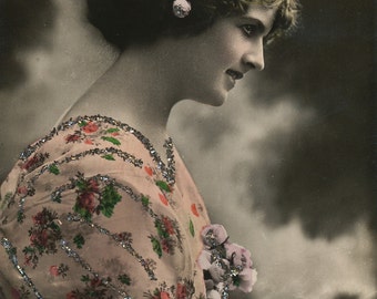 Hand colored photo postcard of pretty girl