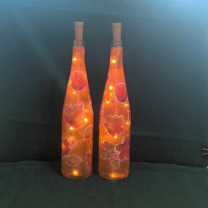 Wine Bottle Lamp Lights w Decoupaged Fall Leaves Artwork (Pair)