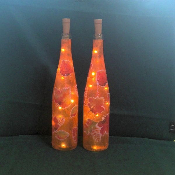 Wine Bottle Lamp Lights w Decoupaged Fall Leaves Artwork (Pair)