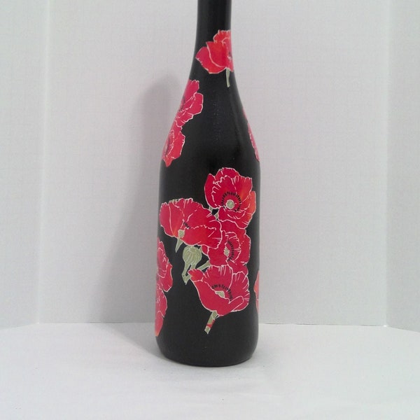 Decoupage Wine Bottle with Vintage Poppies Artwork, Black