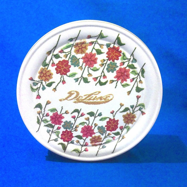 Cross Stitch Pattern Round Metal Deluxe Fruitcake Tin, Colin Street Bakery, Corsicana, Texas