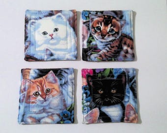 Cat Fabric Quilted Coasters, Cork Fabric Backs, Handmade, Set of Four