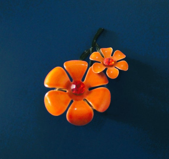 Vintage Retro Orange Daisy Flower Enameled Brooch… - image 5