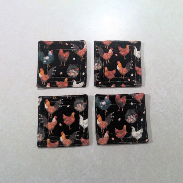 Chickens on Black Fabric Quilted Coasters, Cork Fabric Backs, Handmade, Set of Four