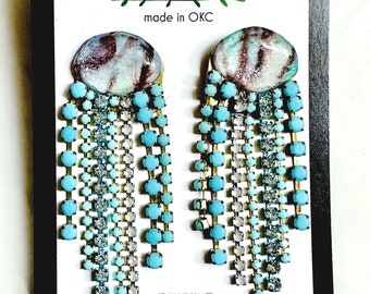All Turquoise Watercolor Cabochon Fringe Earrings