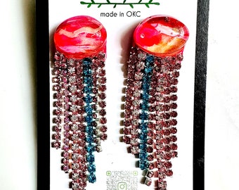 Neon Pink Sunset Cabochon Fringe Earrings