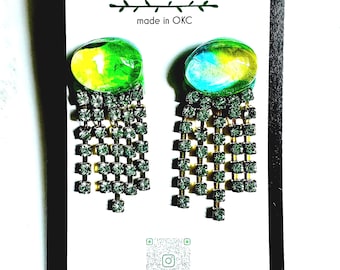 Neon Green Oasis Cabochon Fringe Earrings