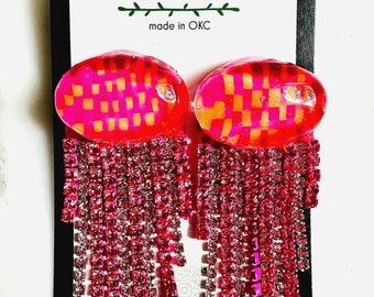 Neon Pink Checker Cabochon Fringe Earrings