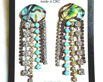 Mixed Turquoise Watercolor Painted Cabochon Fringe Earrings