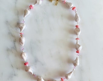Handsculpted Coral Pink Clay, Gemstone, and Crystal Baroque Pearl Necklace in Sunset Pink Hues
