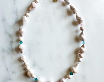 Handsculpted Clay & Crystal Baroque Pearl Necklace in Mermaid Ocean