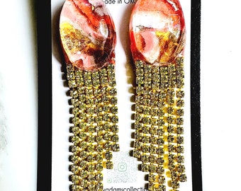 Pink Geode Cabochon Fringe Earrings