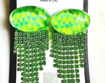 Neon Green Checker Cabochon Fringe Earrings