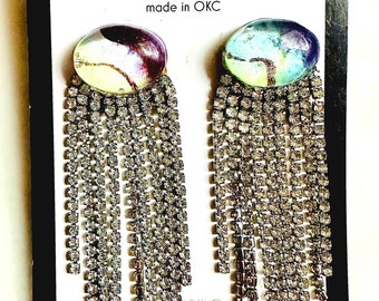 Serenity Watercolor Painted Cabochon Fringe Earrings