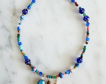 Desert Sky Moon & Crystal Beaded Necklace in Blue
