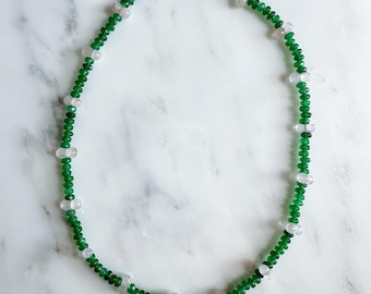 Green Faceted Stone with Rose Quartz Beaded Station Necklace, Gold Toggle Clasp