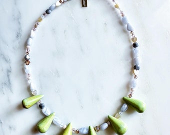Cactus Flower Beaded Necklace with Crystal and Blue Lace Agate Beads