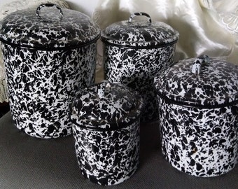 Vintage Black and White Kitchen Enamelware Four Piece Canister Set Stylish and Different Primitive Kitchen Country Kitchen