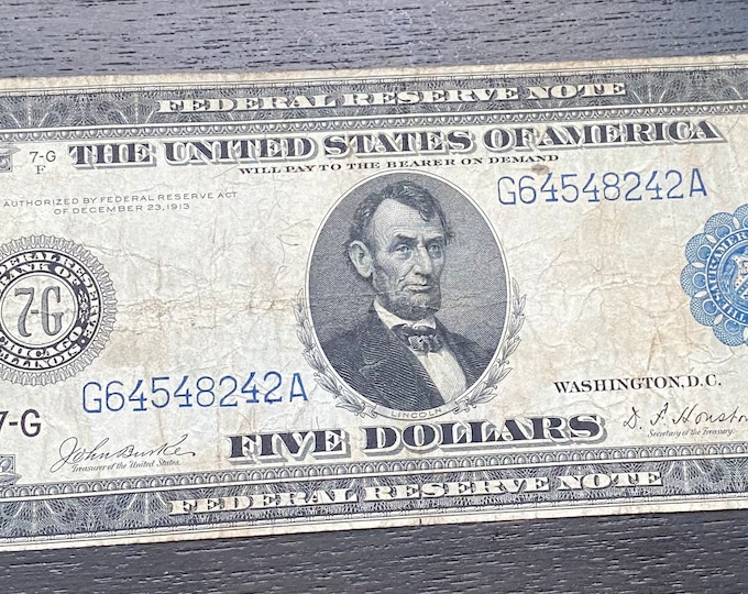 1913 Large Five Dollar Bill Authorized by Federal Reserve Act Etsy