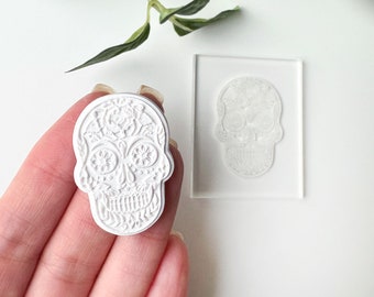 Sugar Skull Texture Stamp | Acrylic Clear Embossing Plate | Halloween Earring Clay Tools | Also Cookie & Cupcake Decor