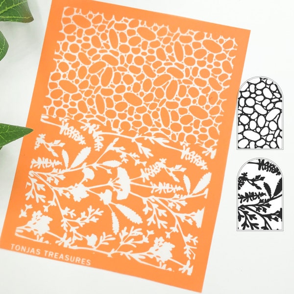 Silkscreen Stencil River Rock & Wildflower Duo • UK Polymer Clay Tools • Leaf Floral Patterned Silk Screen Print for Earring and Pendant.