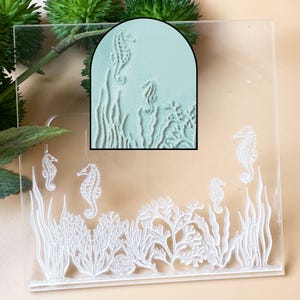 Seepferdchen Riff Texturstempel. Klare Acryl Prägeplatte . Polymer Clay Hersteller von Anhängern und Ohrringen. Handgemachte Cookie & Cupcake Toppers.